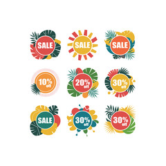 Colorful Sale and Discount Badges with Tropical Leaves for Summer Promotion