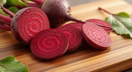 Fresh Beetroot Slices on Wooden Board - Vibrant and Healthy Food.