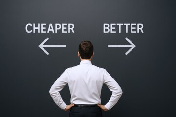 Business professional contemplates cheaper versus better options presented with arrows on a dark background
