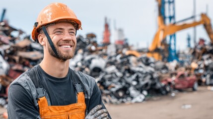 Smiling Construction Worker in Safety Gear at Recycling Plant with Metal Scrap Background