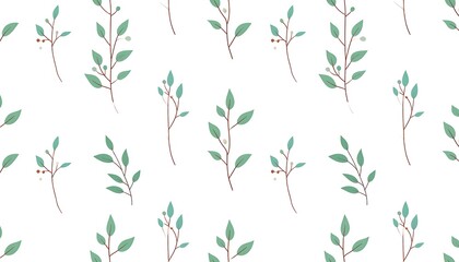 Delicate Botanical Pattern - Seamless Design with Green Leaves and Red Berries.
