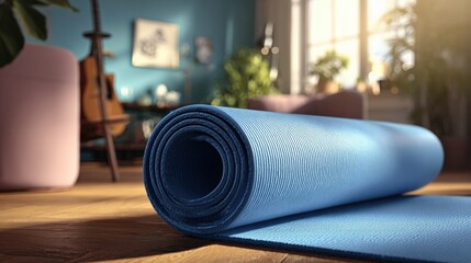 Blue Yoga Mat Unrolled on Wood Floor in Bright, Modern Living Room for Fitness and Wellness