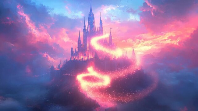 Majestic fantasy castle with tall towers rises from misty mountains at sunset, glowing with golden light beneath colorful skies, imagination, mystery, fairy tales, and enchanting magical kingdoms.