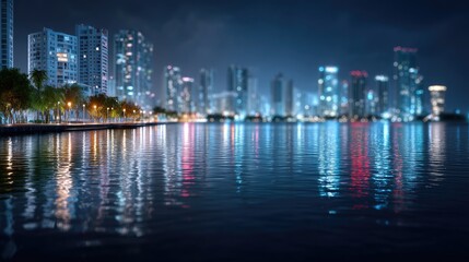 Fototapeta premium Night Cityscape Reflection on Water with Illuminated Buildings and Trees in Deep Blues and Oranges Urban Ambiance