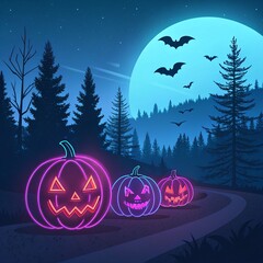 cyberpunk halloween road trip- glowing pumpkins and bats