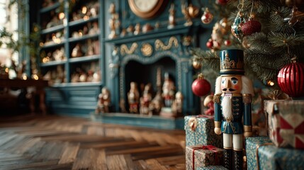 Fototapeta premium Vintage Christmas living room with tree decorated in red and gold ornaments, wrapped gifts, nutcracker toys, teal fireplace with antique clock, festive cozy holiday atmosphere