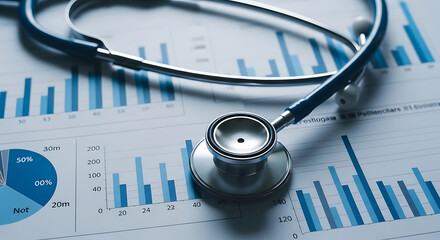 A stethoscope rests on financial charts and graphs, symbolizing the intersection of healthcare and economic analysis.