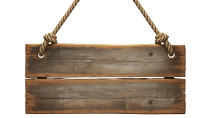 Rustic wooden sign suspended by thick rope for customizable messaging isolated on transparent background