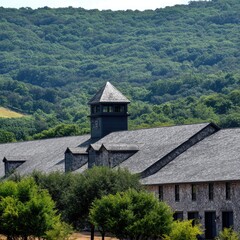 Fototapeta premium A large stone building with a dark gray roof and a distinctive tower sits nestled amidst a lush green hillside.