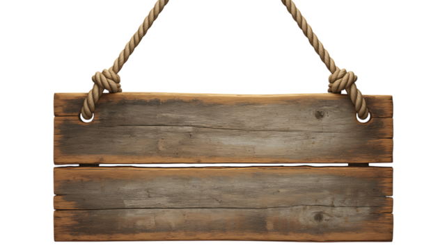 Rustic wooden sign suspended by thick rope for customizable messaging isolated on transparent background