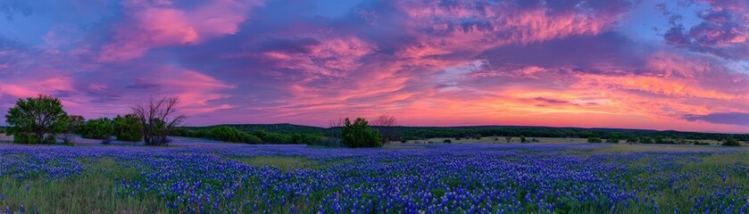 Obraz premium A vibrant sunset over a field of bluebonnet flowers, with a dramatic sky filled with pink and purple hues, creating a picturesque landscape.