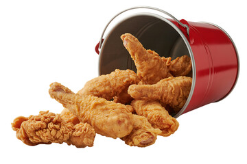 Crispy fried chicken drumsticks spilling out of a red bucket delicious food photography isolated on transparent background