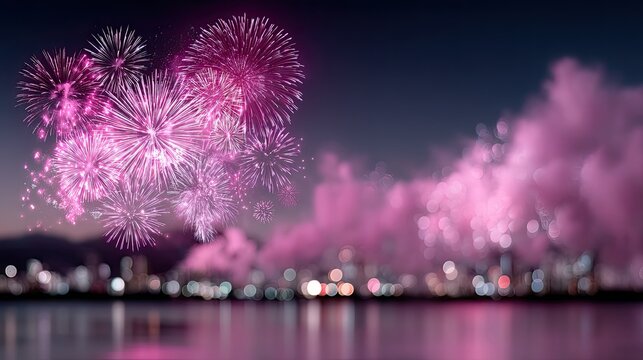 Night Sky with Pink Fireworks Display over Cityscape Reflection on Water
