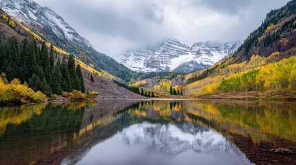 Fototapeta premium A serene landscape featuring mountains, reflective water, and vibrant autumn foliage under a cloudy sky.