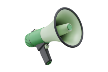 Close-up of a green and white megaphone device for amplifying sound and communication isolated on transparent background