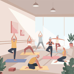 Minimalist Vector Illustration of Yoga Class with Diverse Participants in Modern Studio Style with Calm Neutral Colors