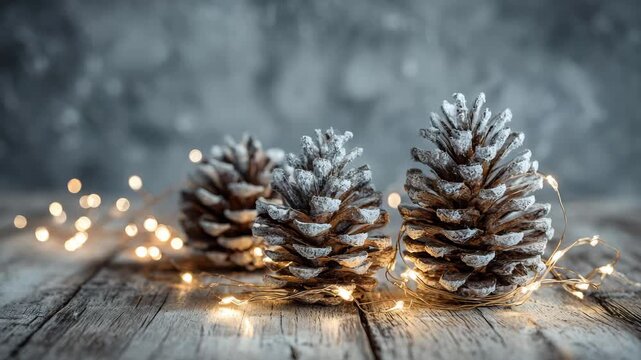 Frosted pinecone with warm fairy light on rustic wooden surface close up winter decoration for cozy holiday atmosphere and rustic charm