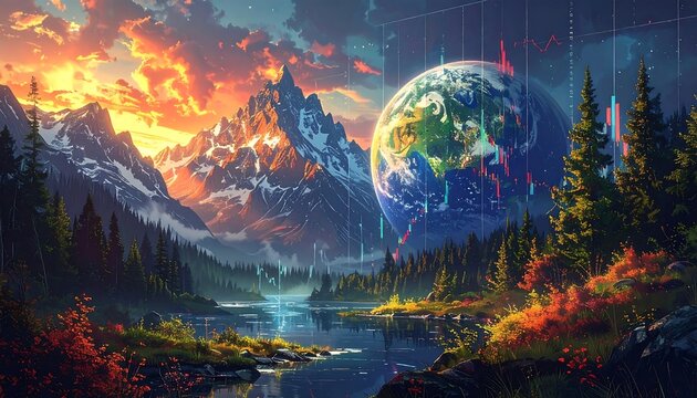A serene mountain landscape with a planet Earth in the center, overlaid with financial charts - Powered by Adobe