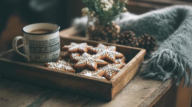 Cozy winter scene with decorated snowflake cookies on wooden tray and warm drink in patterned mug on rustic table with cozy vibes