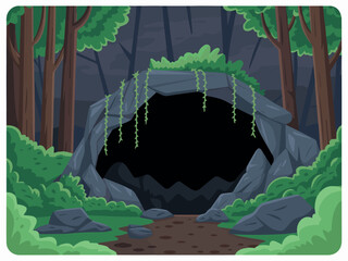 Cartoon cave entrance in forest illustration for adventure game background vector graphic design element