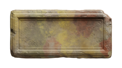 Ancient rectangular artifact with decorative borders and faded inscriptions isolated on transparent background