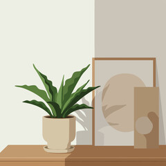 Obraz premium Minimalist Vector Illustration of Potted Plant with Abstract Wall Art in Neutral Tones