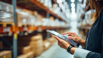 A person using a tablet in a warehouse, surrounded by shelves of boxes, showcasing modern logistics and technology in a storage environment.