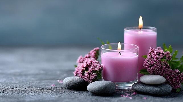 Spa Candles with Stones and Flowers for Wellness in Warm Light
