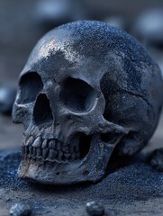 Dark artistic skull shape made from black matcha powder on black background, creative abstract design concept with scattered powder texture, mysterious minimalist style for modern decorative theme