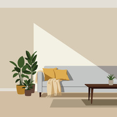 Minimalist Vector Illustration of Living Room Scene with Couch and Potted Plants in Organic Style