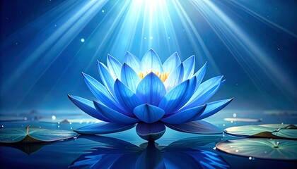 A vibrant blue lotus flower blossoms in a serene, dark blue water setting, illuminated by bright beams of light