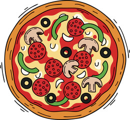 Fresh round pizza with tomato, cheese, olive, sausage, onion, basil. Traditional Italian fast food. Top view meal. Vector illustration