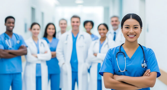 Diverse group of smiling medical professionals, including doctors and nurses, standing in a hospital hallway.