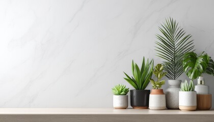 Fototapeta premium Indoor Plants on Shelf Against Marble Wall: Modern Home Decor with Greenery and Copy Space
