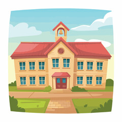 Cartoon school building illustration for education learning with bell tower and blue sky background image vector