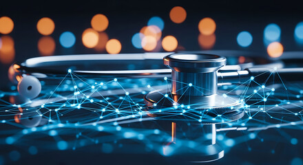 Stethoscope with digital network overlay, representing healthcare technology.