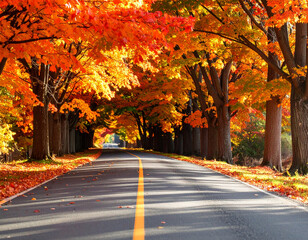 Naklejka premium Scenic road lined with trees in full autumn colors, creating a tunnel effect.