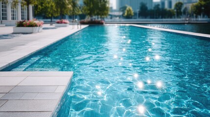 Naklejka premium Sparkling Blue Swimming Pool Surface Water Reflection with White Tile Surround and Distant Buildings Under Bright Sunlight