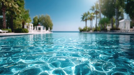 Sparkling Blue Swimming Pool Water with Palm Trees and Blurred Background in Sunny Summer Day