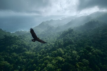 A lone eagle glides over a vast tropical rainforest with a dramatic coastal view, sunbeams piercing through thick cloud cover.

