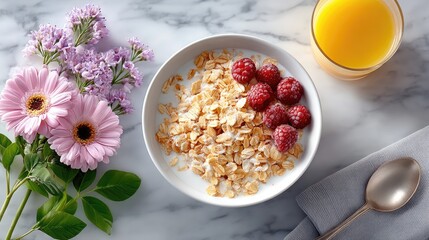 Oats Cereal in White Bowl with Raspberries and Milk next to Orange Juice on a Marble Tablecloth with Flowers for a Healthy Breakfast