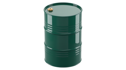 Industrial green metal barrel for storage and transport of liquids and chemicals isolated on transparent background