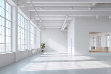 Bright Empty Loft Space with Large Windows and White Interior Design, Ideal for Showroom or Creative Studio