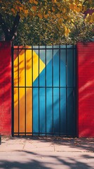 Vibrant abstract art gate with red and blue walls invites exploration