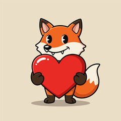 Smiling cartoon fox with orange fur holds a shiny red heart on a beige background.