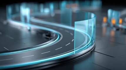Futuristic Curved Road with Blue Neon Lighting, Concept for Transportation, Technology, and Modern Infrastructure