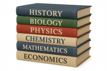 Stacked textbooks displaying academic subjects: history, biology, physics, chemistry, mathematics, economics, transparent background