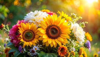 Obraz premium Vibrant bouquet of sunflowers and flowers in sunlight