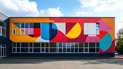Vibrant school building mural bold geometric shapes and colors bright outdoor art