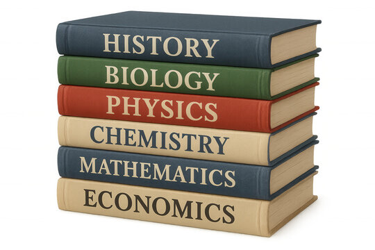 Stacked textbooks displaying academic subjects: history, biology, physics, chemistry, mathematics, economics, transparent background